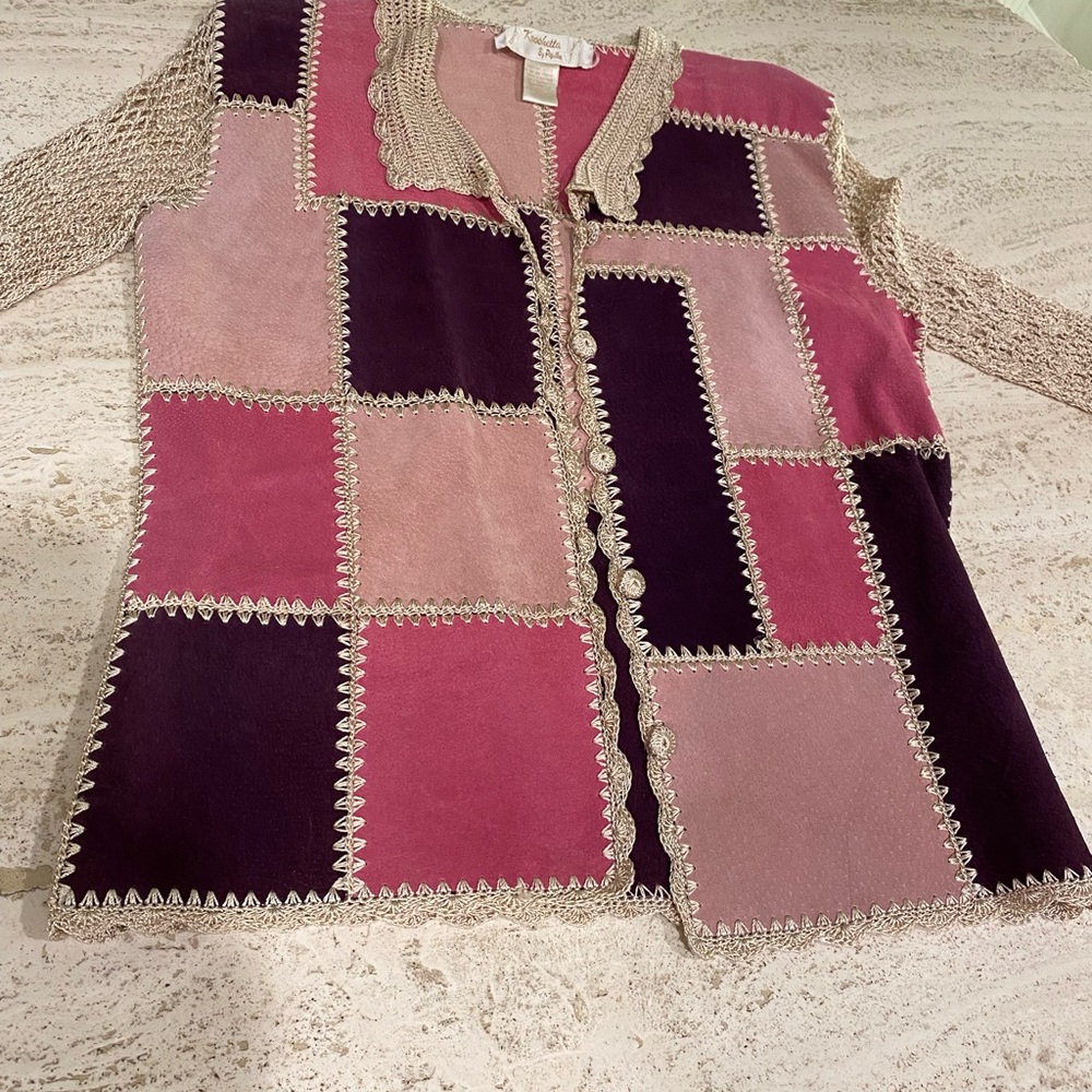 Colorful Patchwork Suede Jacket- Vintage-Kroshetta Papillon, with Crochet Trim - Picture 2 of 8